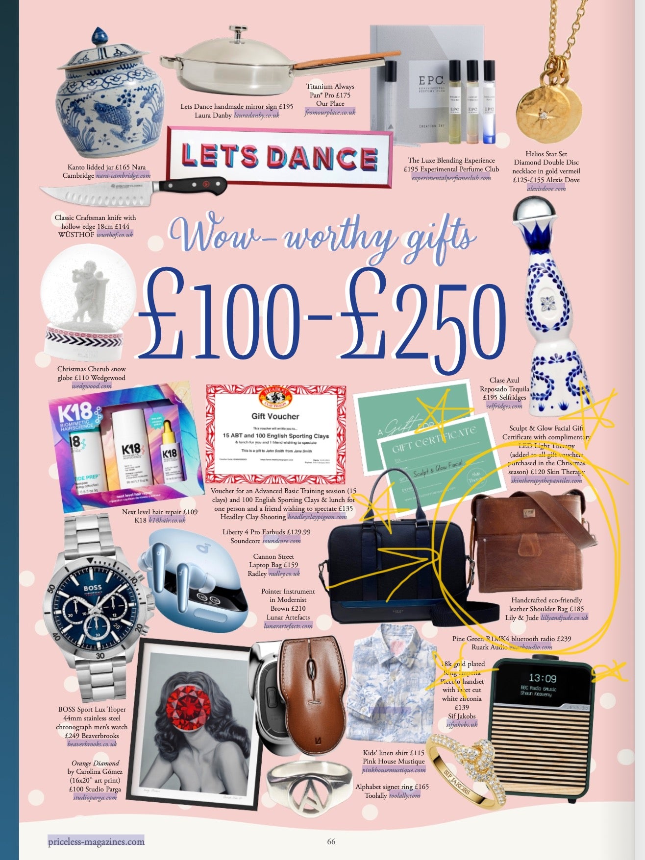 Gift guide with various items priced between £100 and £250 on a pink background. A yellow circle highlights the Lilly & Jude handbag featured