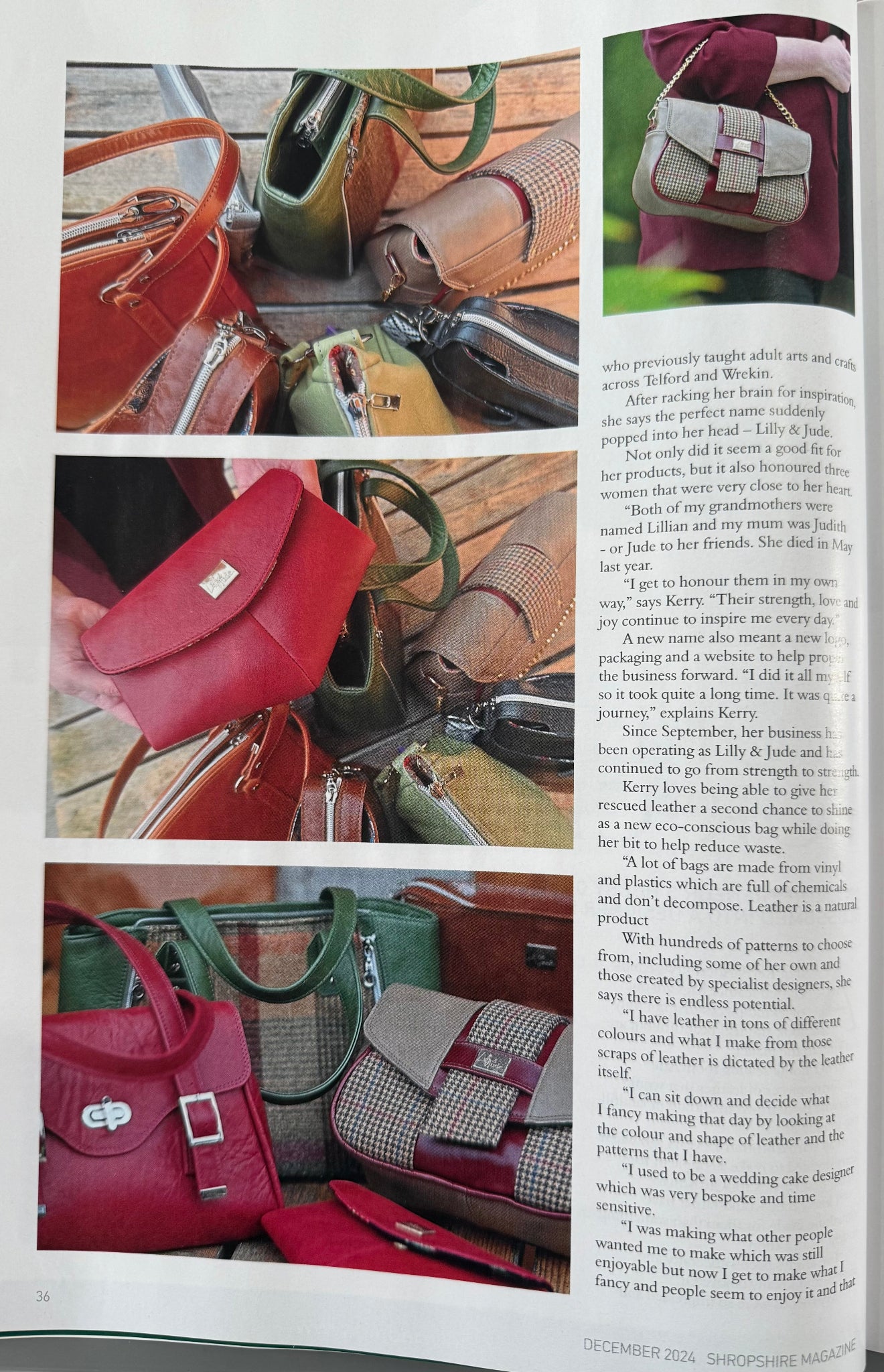 Collage of various Lilly & Jude handbags with a text overlay on a magazine page.