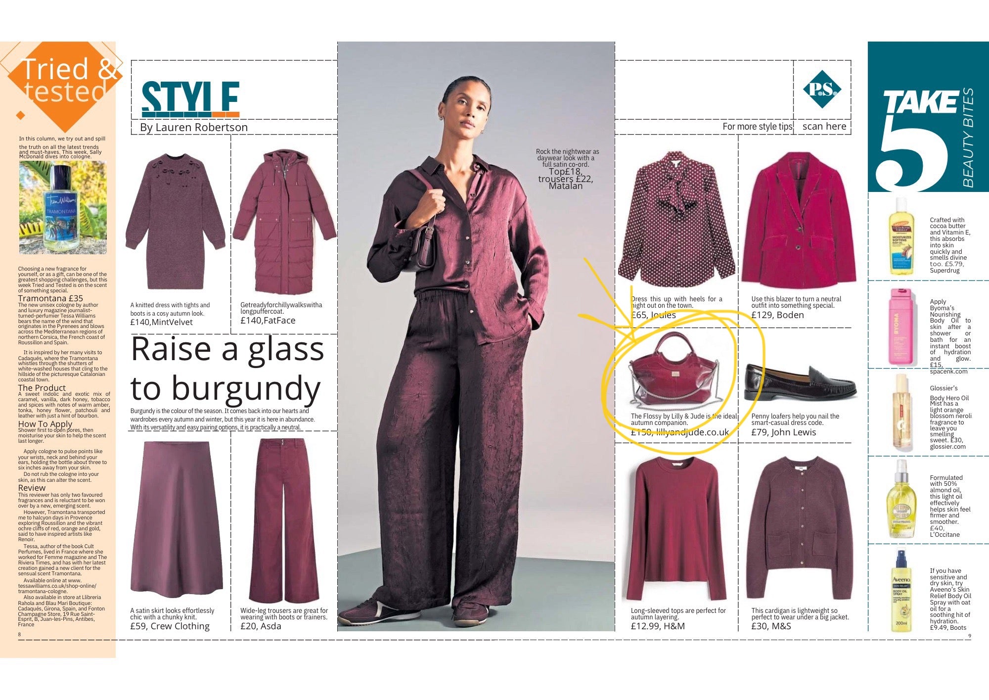 Magazine layout featuring a woman in burgundy outfit with product images and text. A yellow circle highlights a Lilly & Jude bag