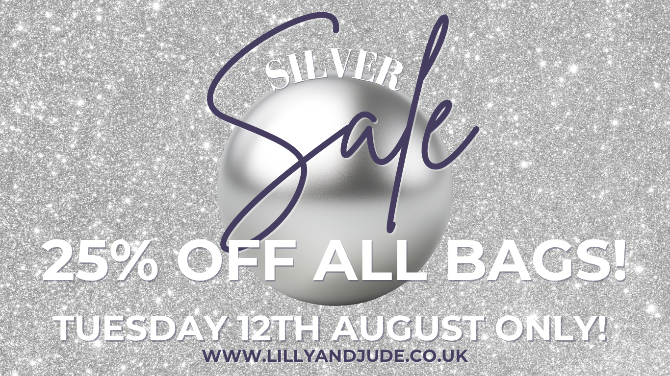 Text banner, notifying customers that there is a silver sale, with 25% off all bags on Tuesday 12th August