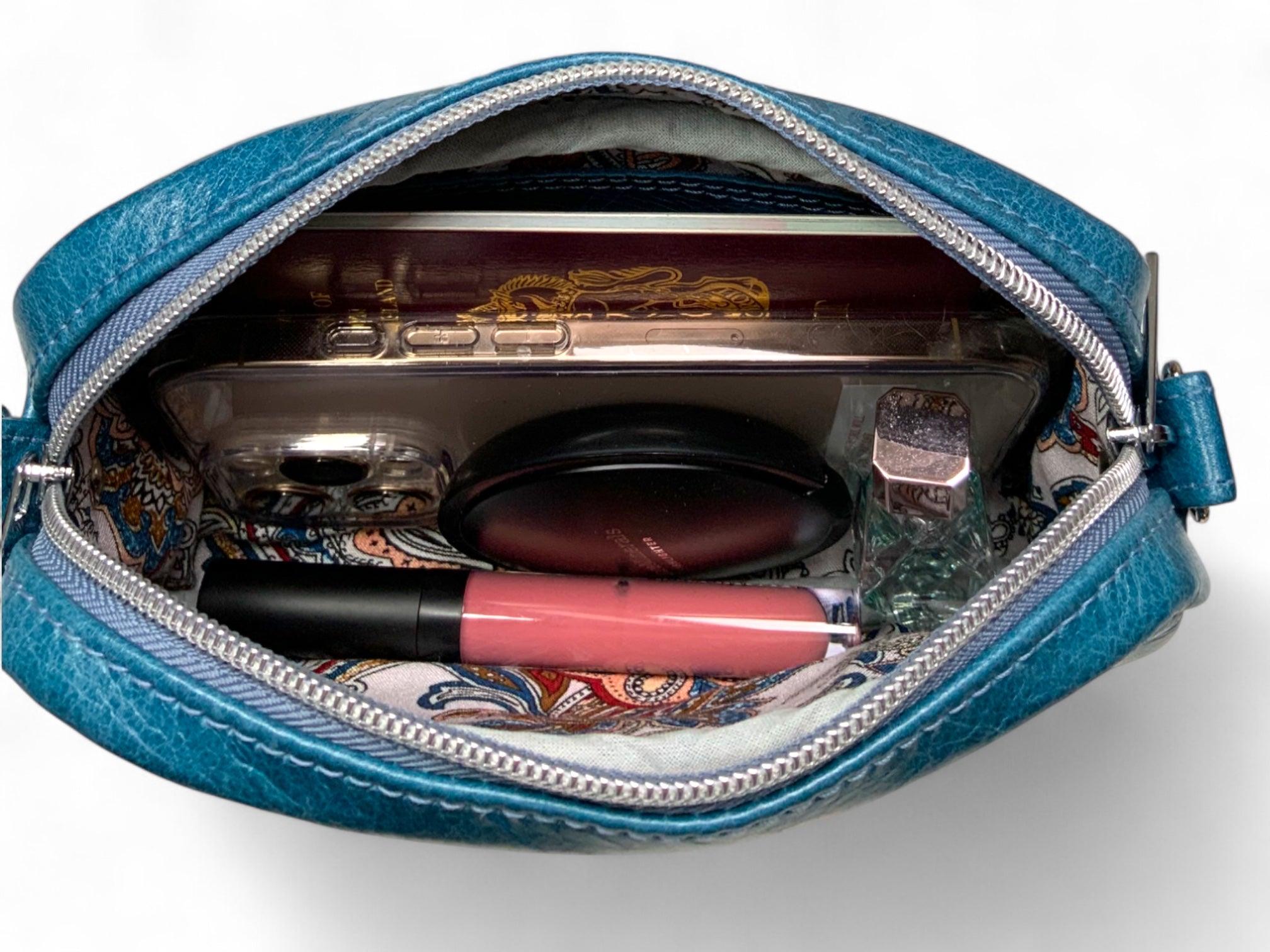 Tiny Harriet | Blue Leather Compact Crossbody Bag with Integrated Purse image 11