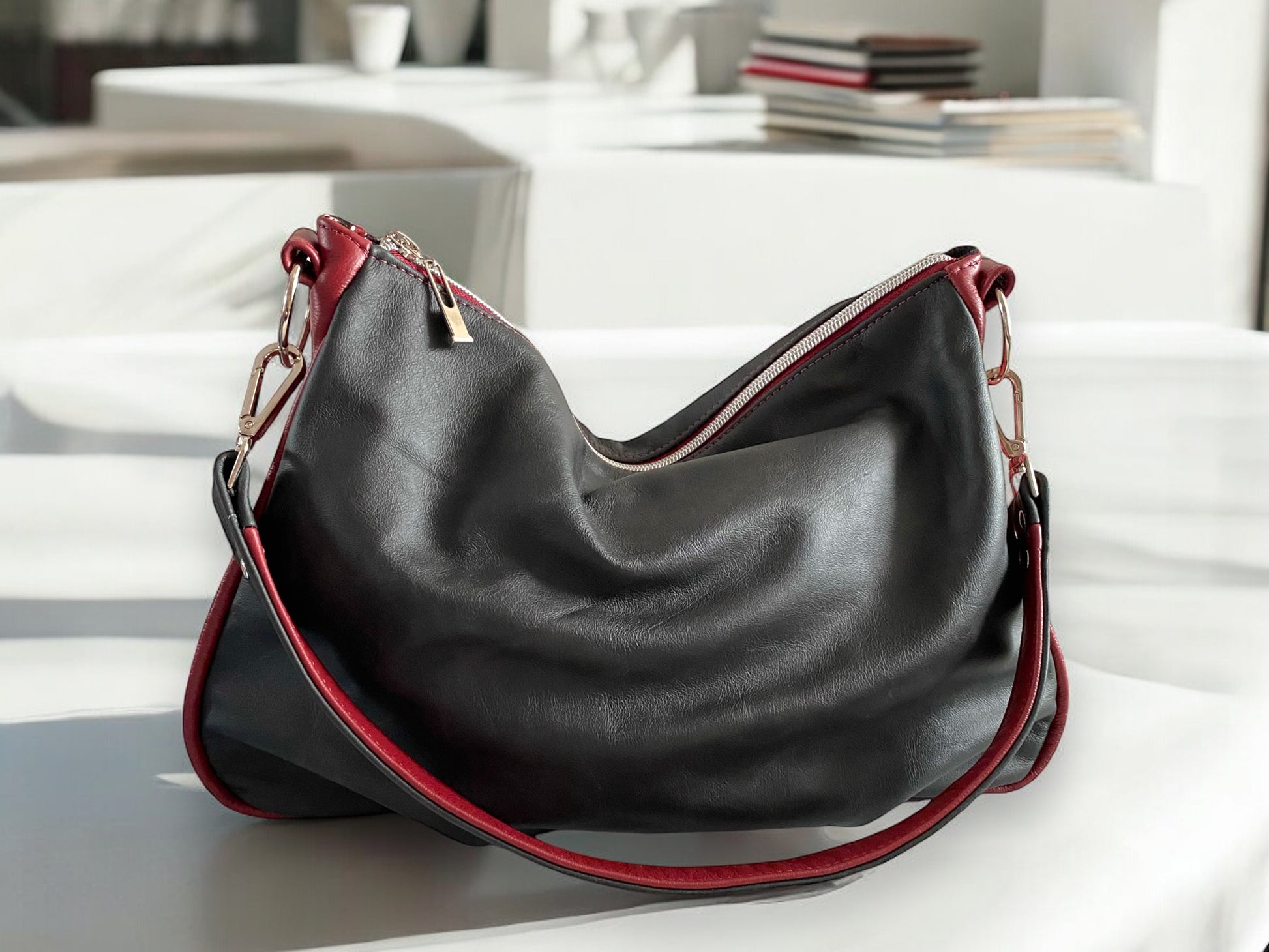 Paulette | Black and Red Leather Shoulder Bag | Handcrafted from Rescued Leather image 7