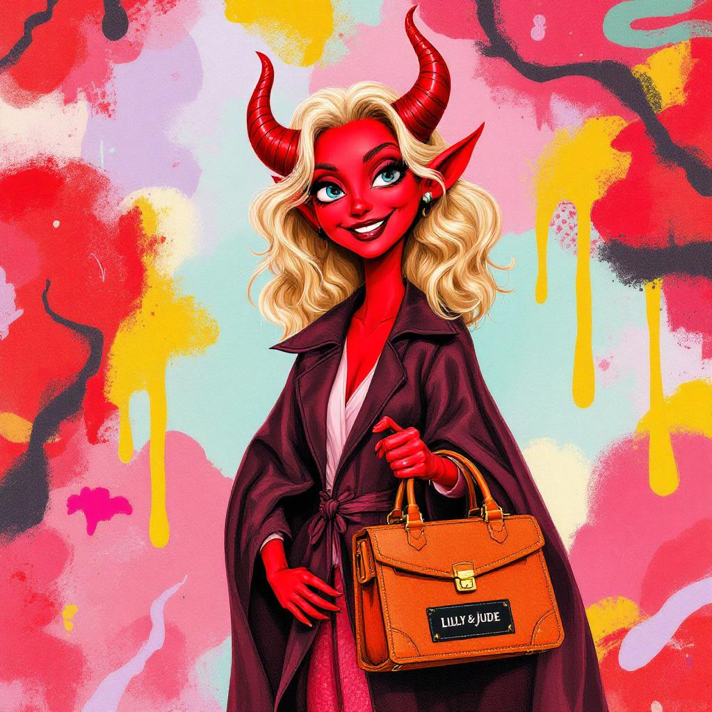 Cartoon of a fabulous blonde-haired female devil with horns, carrying a handcrafted Lilly & Jude leather bag – The Devil wears Lilly & Jude.