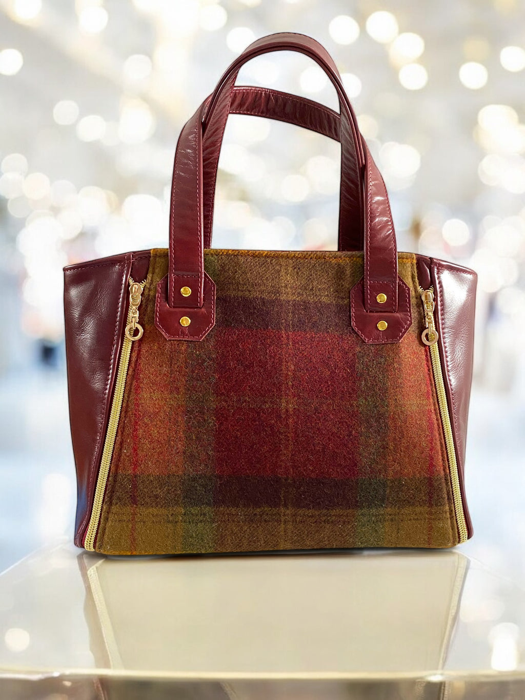 Rudy | Burgundy Leather Handbag | Luxe Wool Tweed & Gold Accents image 1