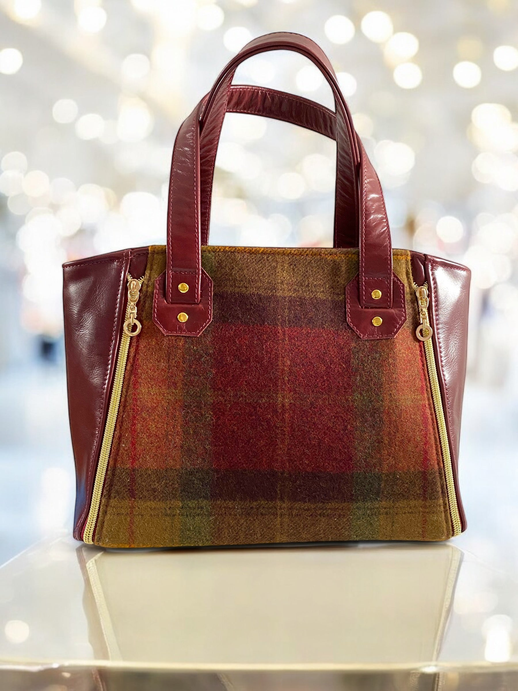 Rudy | Burgundy Leather Handbag | Luxe Wool Tweed & Gold Accents image 1