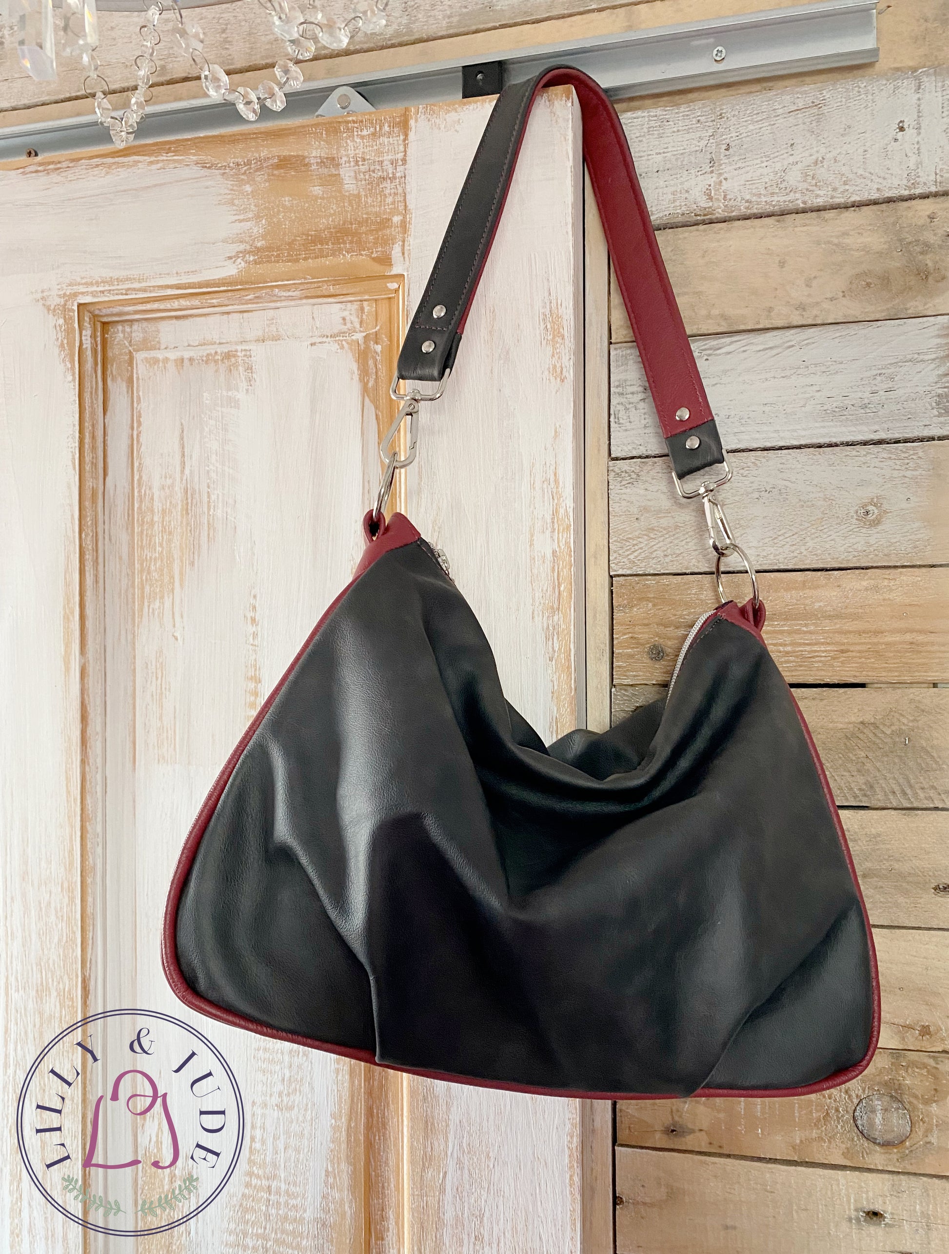 Paulette | Black and Red Leather Shoulder Bag | Handcrafted from Rescued Leather image 1
