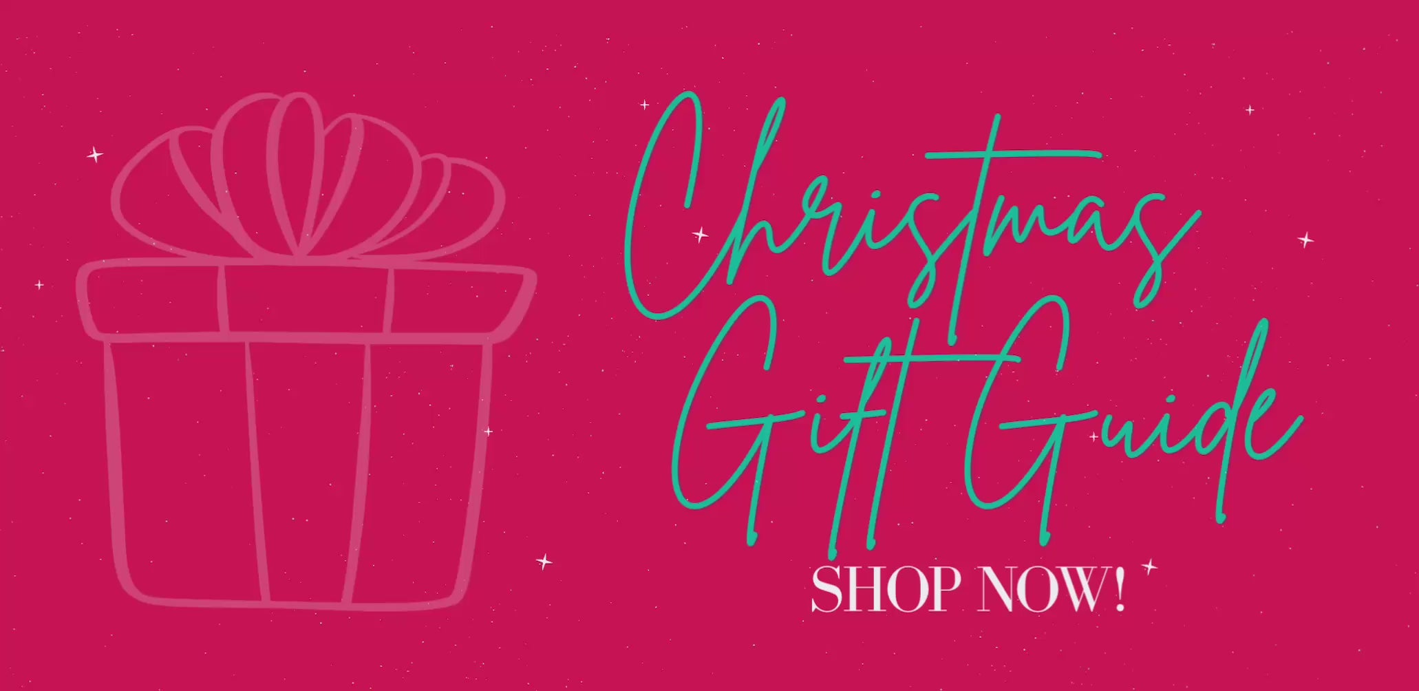 Animated website banner video with the words 'Christmas Gift Guide', shop now'. There's a cover of twinkly stars over it and every 3 seconds or so, the colours of the background and font change
